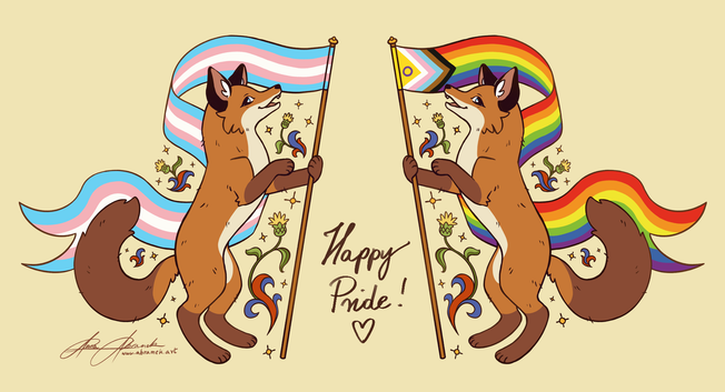 Two red foxes standing upright on their hind legs, holding flags in the front paws. One flag is transgender pride flag, the other one is a rainbow progress pride flag.
