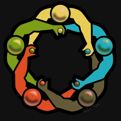 A vulgar image of five abstract figures giving hand-jobs to each other in a ring.