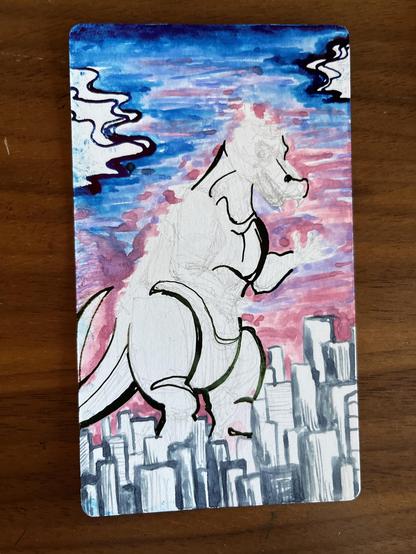 WIP of a gojira-like kaiju towering over a city at sunset. The sky and city are inked and gojira is empty pencil with the beginnings of linework. Xeir face is excited
