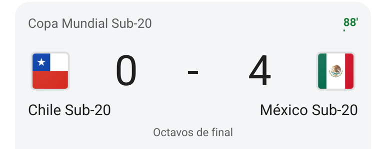 Marcador del partido del mundial de fútbol sub 20.

Chile 0 - 4 México

(El tiempo muestra 88 minutos)