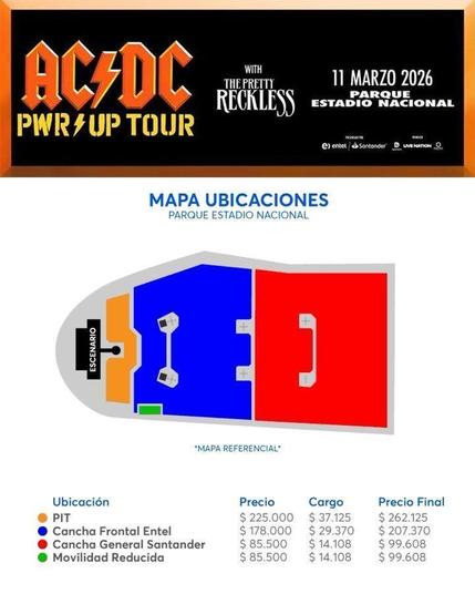 La imagen es un afiche informativo sobre un concierto de AC/DC con The Pretty Reckless, el 11 de marzo de 2026, en el Parque Estadio Nacional.

El afiche superior es negro con letras naranjas y blancas, e incluye los logos de los patrocinadores Entel, Santander, Live Nation y DG Medios. Debajo, se presenta un mapa referencial de las ubicaciones del estadio, mostrando el escenario a la izquierda. Las zonas frente al escenario están divididas en: PIT (naranja, la más cercana), Cancha Frontal Ente…