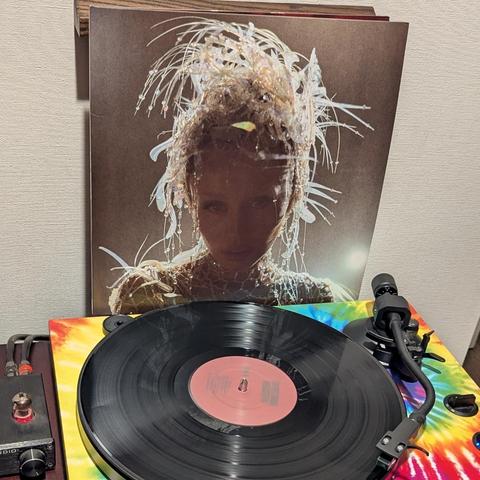 La imagen muestra un tocadiscos con un disco de vinilo negro en primer plano, y una portada de álbum destacada detrás.

La portada del álbum presenta un retrato cercano de una persona, aparentemente una mujer, con una mirada intensa y directa. Lleva un elaborado tocado y vestimenta que parecen estar hechos de elementos translúcidos y brillantes, como cristales o plumas estilizadas, que se extienden desde su cabeza y cuerpo, creando una silueta etérea y artística. El fondo es oscuro y neutro, lo…