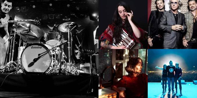 Una composición de cinco imágenes relacionadas con la música, dispuestas en una cuadrícula. En la esquina superior izquierda, una foto en blanco y negro muestra a un guitarrista tocando en un escenario, con una batería visible. En el centro superior, una artista de pelo largo y oscuro, vestida con un poncho rojo estampado, toca un pequeño instrumento de fuelle. A la derecha, un retrato de tres hombres, aparentemente un grupo musical, vestidos con trajes elegantes y posando juntos. Abajo a la iz…