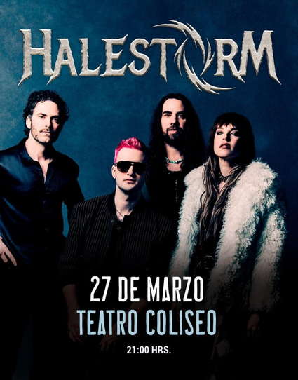 Póster promocional para un concierto de la banda Halestorm. La imagen muestra a los cuatro miembros de la banda posando de frente sobre un fondo azul oscuro. En la parte superior, aparece el logo de la banda, "HALESTORM", con letras estilizadas y un diseño afilado. De izquierda a derecha, se ve a un hombre con cabello rizado oscuro y barba; un hombre con cabello rosa brillante y gafas de sol; un hombre con cabello largo oscuro y barba; y una mujer con cabello largo oscuro, maquillaje de ojos ma…