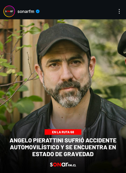 Retrato de Angelo Pierattini, un hombre de mediana edad con barba canosa y cabello oscuro, usando una gorra de béisbol negra y una chaqueta de cuero negra. Mira directamente a la cámara con una expresión seria. Detrás de él, se aprecian hojas verdes de plantas y una estructura de madera borrosa. En la parte inferior, sobre un fondo rojo, se lee 'EN LA RUTA 68'. Debajo, el texto principal en blanco informa: 'ANGELO PIERATTINI SUFRIÓ ACCIDENTE AUTOMOVILÍSTICO Y SE ENCUENTRA EN ESTADO DE GRAVEDAD'…