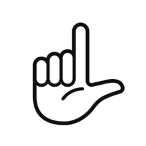 Un icono de una mano dibujada con un contorno grueso y negro sobre un fondo blanco liso. El pulgar y el dedo índice están extendidos hacia arriba y hacia la derecha, formando claramente la letra "L". Los otros tres dedos (medio, anular y meñique) están doblados hacia la palma de la mano. Este gesto es comúnmente conocido como el signo de "perdedor" o "loser".