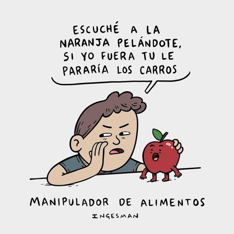 Caricatura humorística en un fondo gris claro. A la izquierda, se ve la cabeza y parte del torso de un joven con pelo castaño y camiseta oscura, apoyado sobre una superficie. Su expresión es de asombro o chisme, con la boca abierta y una mano cerca de ella, como si estuviera susurrando. Sus ojos miran hacia una manzana roja a su derecha. La manzana tiene brazos, piernas y una cara asustada, con la boca abierta en forma de "O" y los ojos muy abiertos. Un bocadillo de texto sale de la boca del jo…