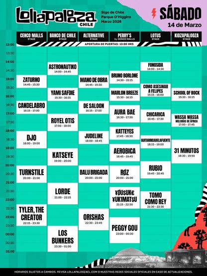 Cartel con horarios de Lollapalooza Chile del sábado 14 de marzo de 2026.