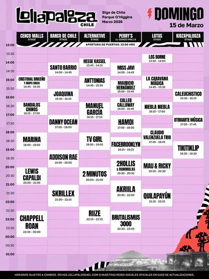 Cartel con horarios de Lollapalooza Chile del domingo 15 de marzo de 2026.