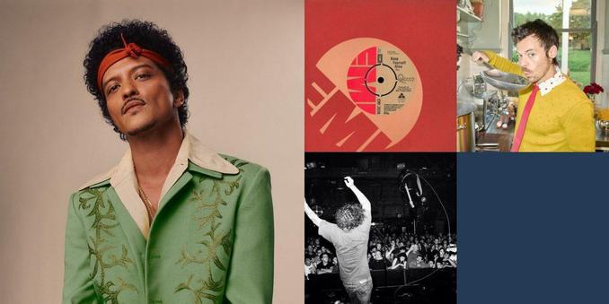 Collage of photos of the bands Bruno Mars, Queen, Harry Styles, INXS, Nothing