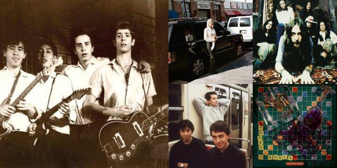 Collage of photos of the bands Los Saicos, Kim Gordon, The Black Crowes, Los Prisioneros, Candelabro