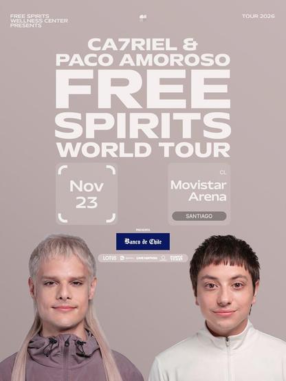 Cartel promocional del concierto de Catriel y Paco Amoroso en Santiago de Chile el 23 de noviembre de 2026 en Movistar Arena.