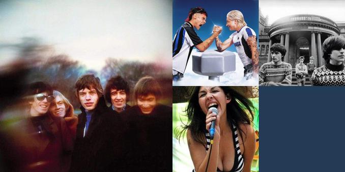 Collage of photos of the bands The Rolling Stones, Ca7riel & Paco Amoroso, The Chameleons, Weichafe, Denisse Malebrán