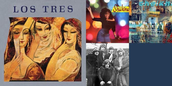 Collage of photos of the bands Los Tres, Pulp, Shakira, Flea, Pink Floyd