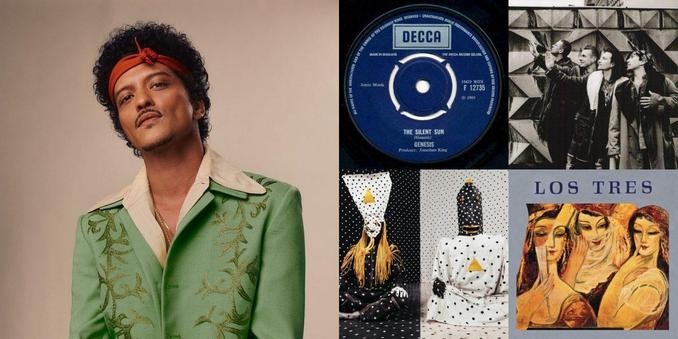 Collage of photos of the bands Bruno Mars, Genesis, U2, Angine de poitrine, Los Tres