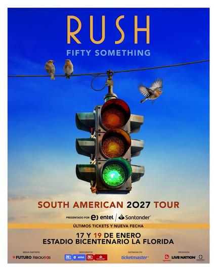 Cartel promocional para los conciertos de Rush en Chile 17 y 19 de enero de 2027 en Estadio Bicentenario La Florida.