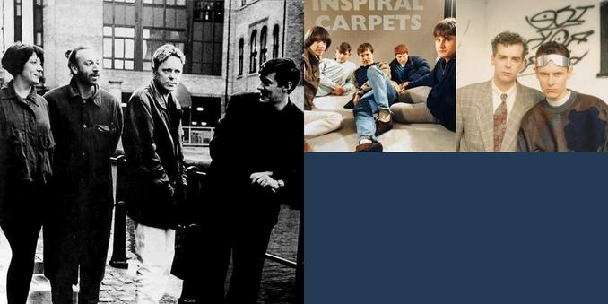 Collage of photos of the bands BBS Paranoicos, New Order, Inspiral Carpets, Pet Shop Boys, Smith/Kotzen