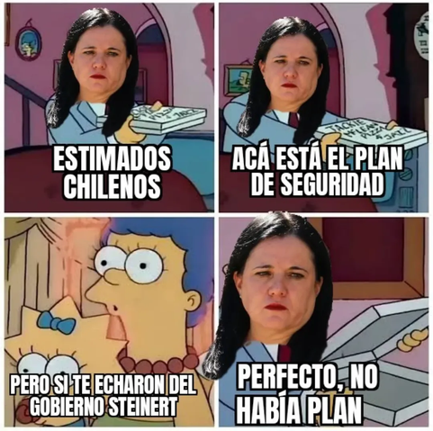 Un meme de Los Simpson dividido en cuatro paneles. En los paneles superior izquierdo, superior derecho e inferior derecho, el rostro de una mujer de cabello oscuro y expresión seria está superpuesto sobre el cuerpo de Homer Simpson. En el panel inferior izquierdo, aparecen Marge y Lisa Simpson.

1. **Panel superior izquierdo:** La mujer (con el cuerpo de Homer) sostiene una caja de pizza cerrada y el texto dice: "ESTIMADOS CHILENOS".
2. **Panel superior derecho:** La misma mujer sostiene la caj…