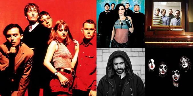 Collage of photos of the bands Pulp, Evanescence, Death Cab for Cutie, Angelo Pierattini, Kiss