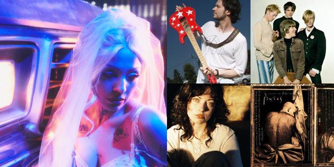 Collage of photos of the bands Mon Laferte, Paul Gilbert, Kula Shaker, Violet Grohl, Pixies