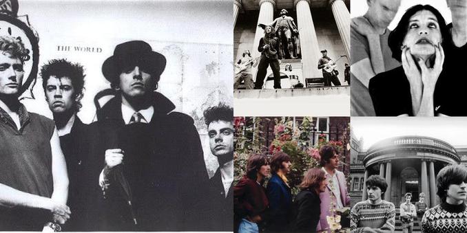 Collage of photos of the bands Killing Joke, Rage Against the Machine, Placebo, The Beatles, The Chameleons