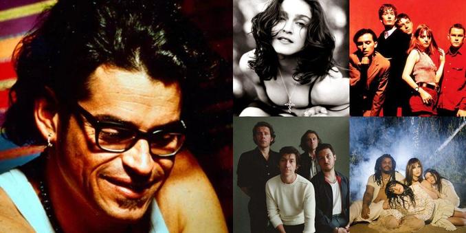 Collage of photos of the bands Joe Vasconcellos, Madonna, Pulp, Arctic Monkeys, Mannequin Pussy