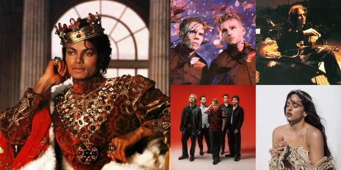 Collage of photos of the bands Michael Jackson, Erasure, Jeff Buckley, Nothing But Thieves, ROSALÍA