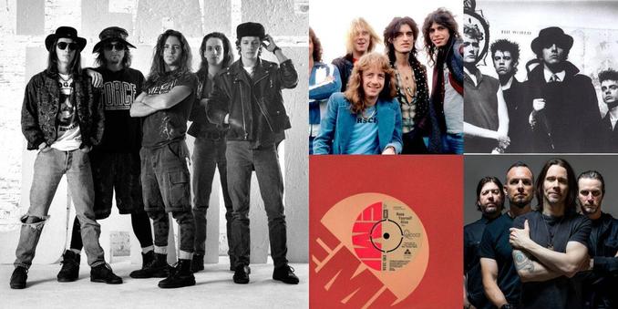 Collage of photos of the bands Pearl Jam, Aerosmith, Killing Joke, Queen, Alter Bridge
