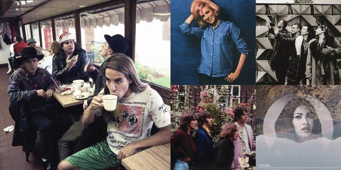 Collage of photos of the bands Red Hot Chili Peppers, Dusty Springfield, U2, The Beatles, How to Destroy Angels