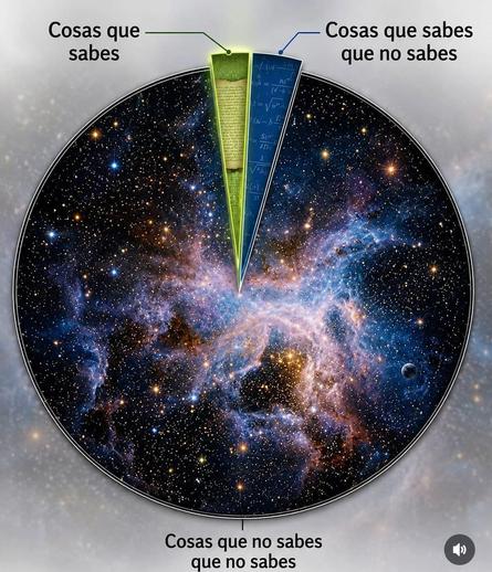 Diagrama circular que ilustra la proporción del conocimiento humano frente a lo desconocido. El círculo completo muestra una vasta y colorida nebulosa espacial llena de estrellas, representando el universo.

En la parte superior, hay dos pequeñas porciones triangulares que apuntan hacia el centro:
1. Una porción verde muy delgada, etiquetada "Cosas que sabes", muestra un pergamino antiguo con texto ilegible.
2. Junto a esta, una porción azul, ligeramente más grande, etiquetada "Cosas que sabes …