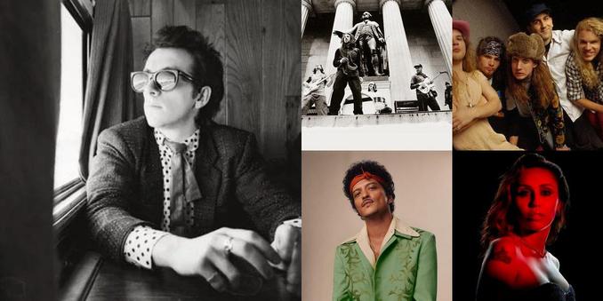 Collage of photos of the bands Elvis Costello, Rage Against the Machine, Mother Love Bone, Bruno Mars, Miley Cyrus