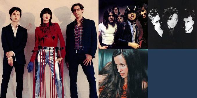 Collage of photos of the bands Yeah Yeah Yeahs, AC/DC, Cocteau Twins, Alanis Morissette, Los Bunkers