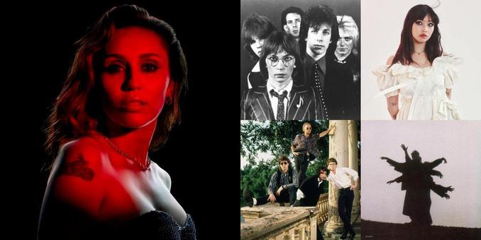 Collage of photos of the bands Miley Cyrus, The Cars, beabadoobee, R.E.M., Echo & the Bunnymen