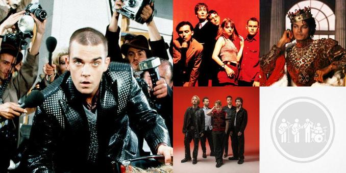 Collage of photos of the bands Robbie Williams, Pulp, Michael Jackson, Nothing But Thieves, Soft Cell
