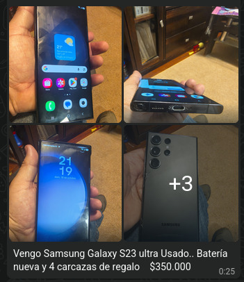 "Una imagen de un anuncio de venta de un teléfono Samsung Galaxy S23 Ultra usado, presentada como un collage de cuatro fotos.

*   La foto superior izquierda muestra la parte frontal del teléfono, sostenido por una mano, con la pantalla de inicio encendida. Se ven iconos de aplicaciones y un widget de clima que marca 21 grados.
*   La foto superior derecha muestra el teléfono de perfil, con una mano sosteniéndolo por el borde inferior. Se aprecian el puerto de carga USB-C, el altavoz y la ranur…
