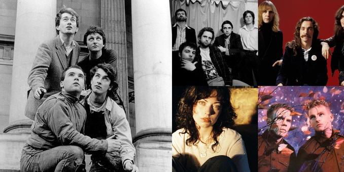 Collage of photos of the bands Gang of Four, Fontaines D.C., Rush, Violet Grohl, Erasure